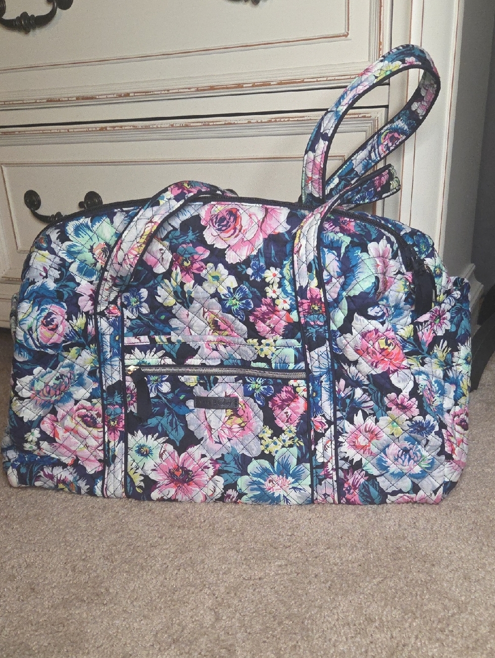 Vera Bradley Navy Floral Quilted Travel Tote with Pink and Blue Flowers